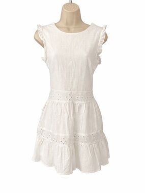 Eilly Bazar White Eyelet Mini Dress XS Cotton Ruffle Tiered Summer Boho NWT